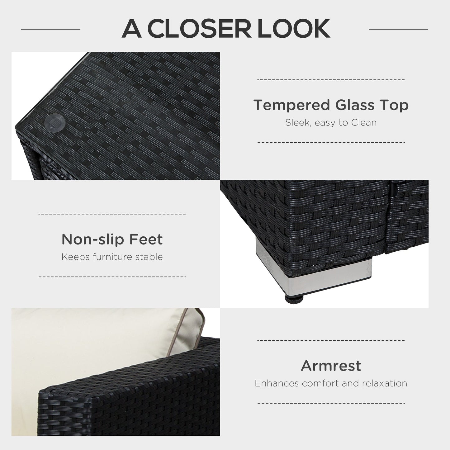 Outsunny 4 Pieces Rattan Garden Furniture Set, 4 Seater Corner Sofa Set with Storage Box, 2 Drawers Coffee Table, Loveseats with Cushions, Wicker Garden Conservatory Furniture for Balcony, Black