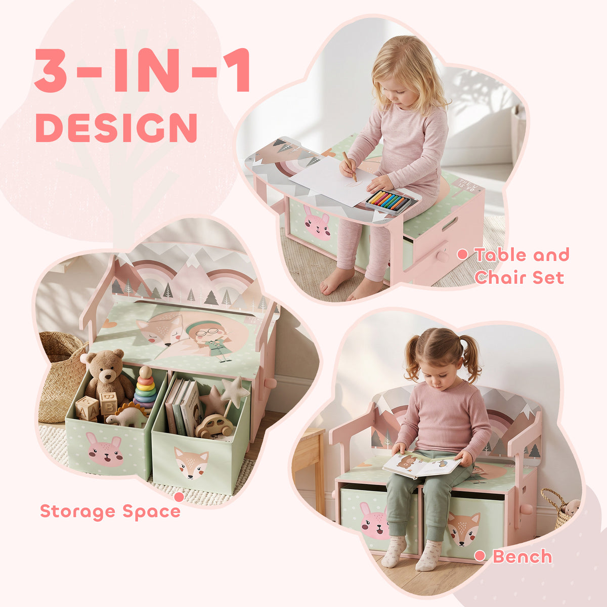 AIYAPLAY Kids Table and Chair Set, 3 in 1 Wooden Toy Box with 2 Fabric Drawers for Bedroom, Playroom, Gift for Boys Girls, Pink