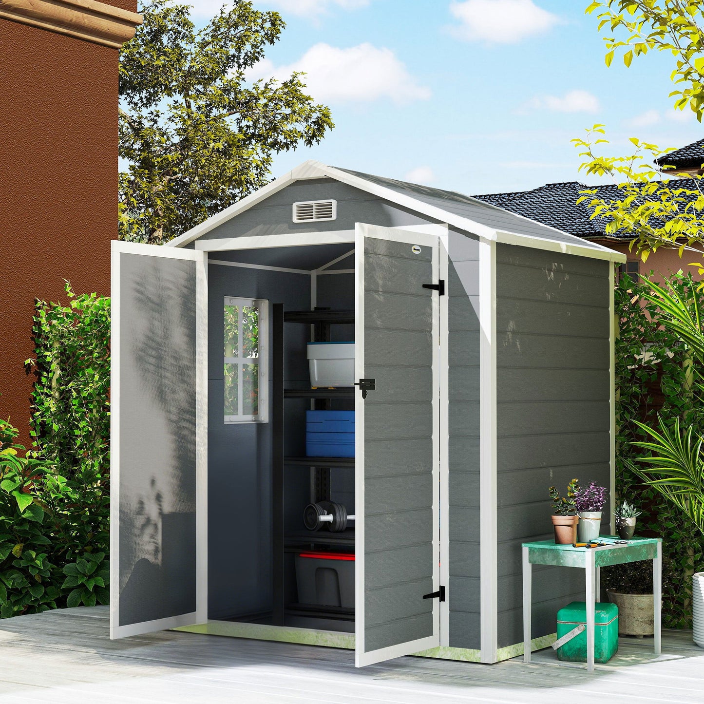 Outsunny 6'x4.5' Garden Storage Shed, Lockable Garden Shed with Double Doors, Window, Vent and Plastic Roof, Grey