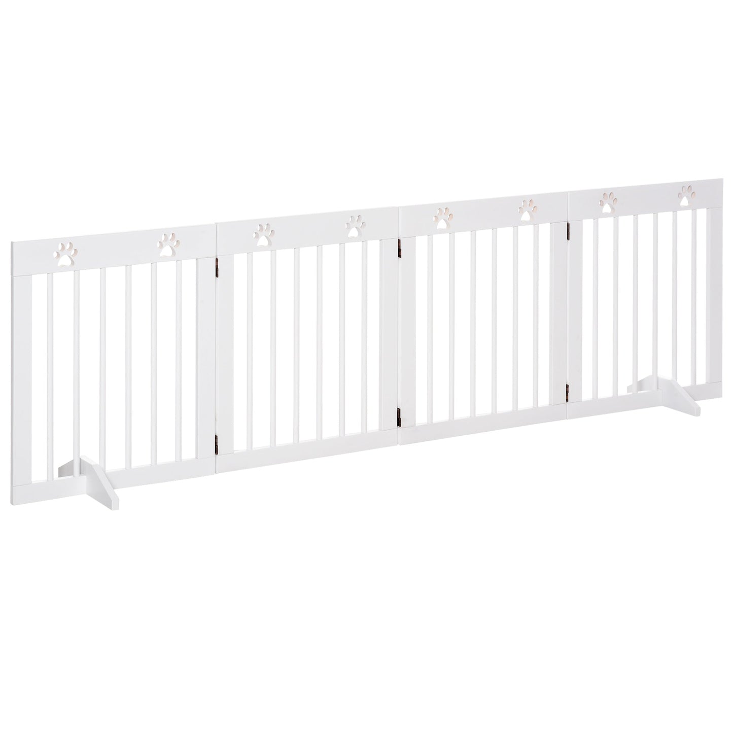 PawHut Freestanding Pet Gate 4 Panel Wooden Dog Barrier Folding Safety Fence with Support Feet up to 204cm Long 61cm Tall for Doorway Stairs White