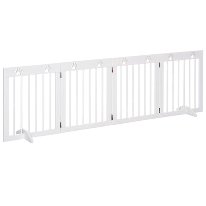 PawHut Freestanding Pet Gate 4 Panel Wooden Dog Barrier Folding Safety Fence with Support Feet up to 204cm Long 61cm Tall for Doorway Stairs White