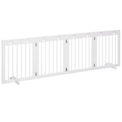 PawHut Freestanding Pet Gate 4 Panel Wooden Dog Barrier Folding Safety Fence with Support Feet up to 204cm Long 61cm Tall for Doorway Stairs White