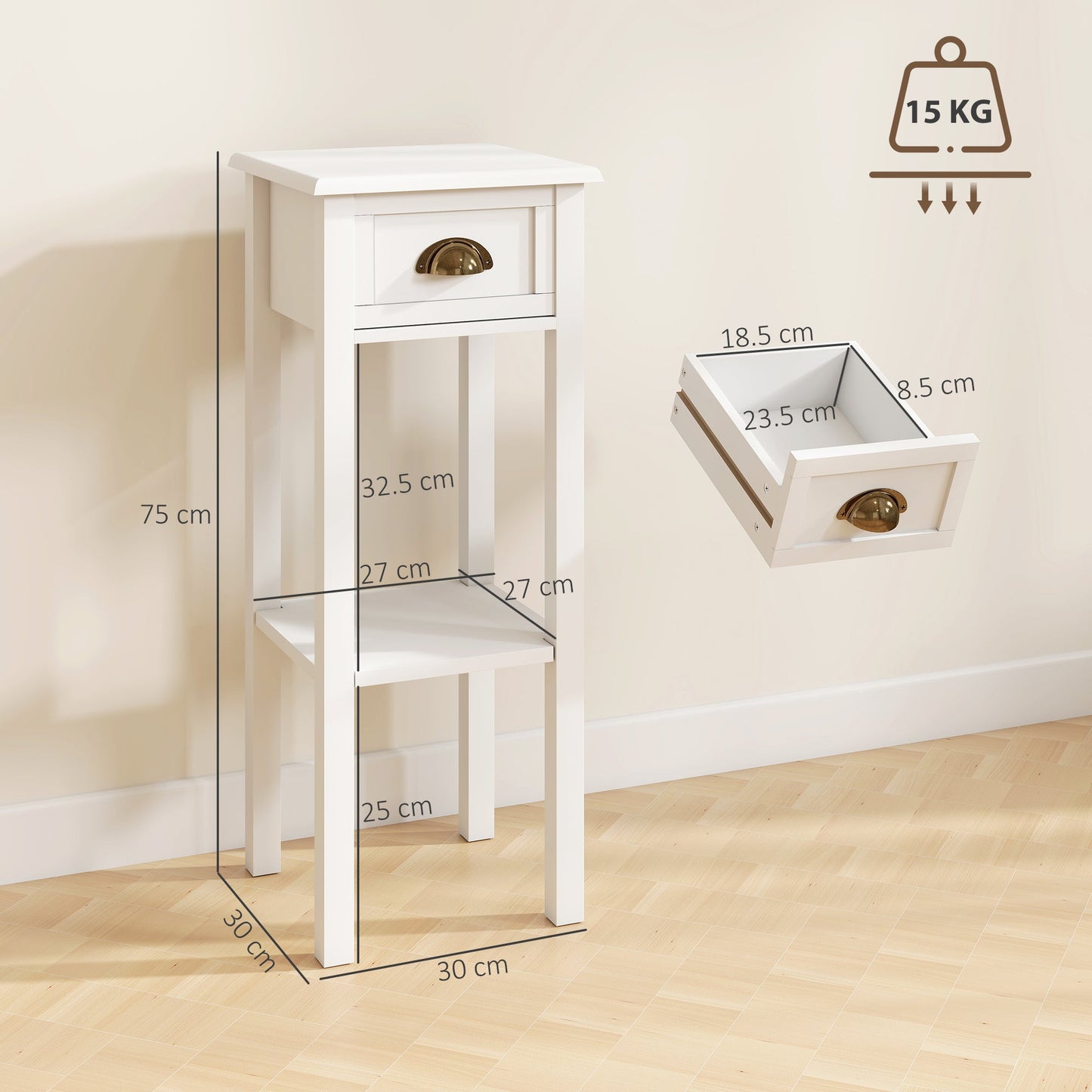 HOMCOM 2-Tier Side Tables Set of 2 with Drawer and Shelf, 2 Pieces Bedside Tables for Living Room and Hallway, White