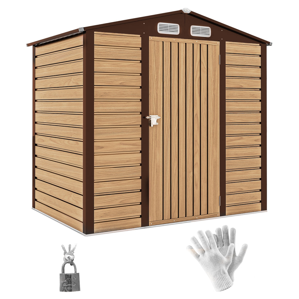 Outsunny 4 x 6ft Galvanised Steel Garden Shed, with Lock and Gloves - Oak
