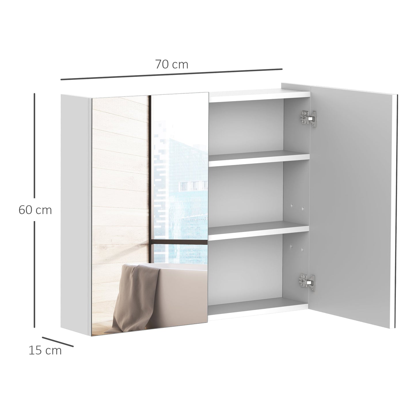 HOMCOM Mirror Cabinet, Wall Mount Bathroom Storage Cabinet with Adjustable Shelf, Double Door Cupboard, 70 x 15 x 60 cm, White