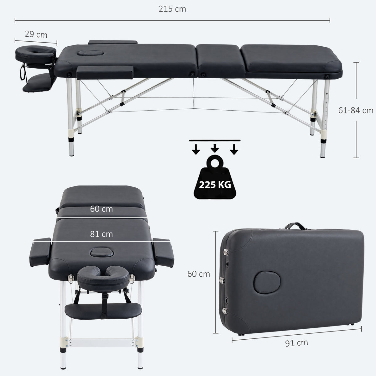 HOMCOM Foldable Massage Bed Portable Table, 3-Section Aluminium Foldable Beauty Couch with Headrest Support, 60 cm Width Black