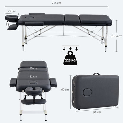 HOMCOM Foldable Massage Bed Portable Table, 3-Section Aluminium Foldable Beauty Couch with Headrest Support, 60 cm Width Black