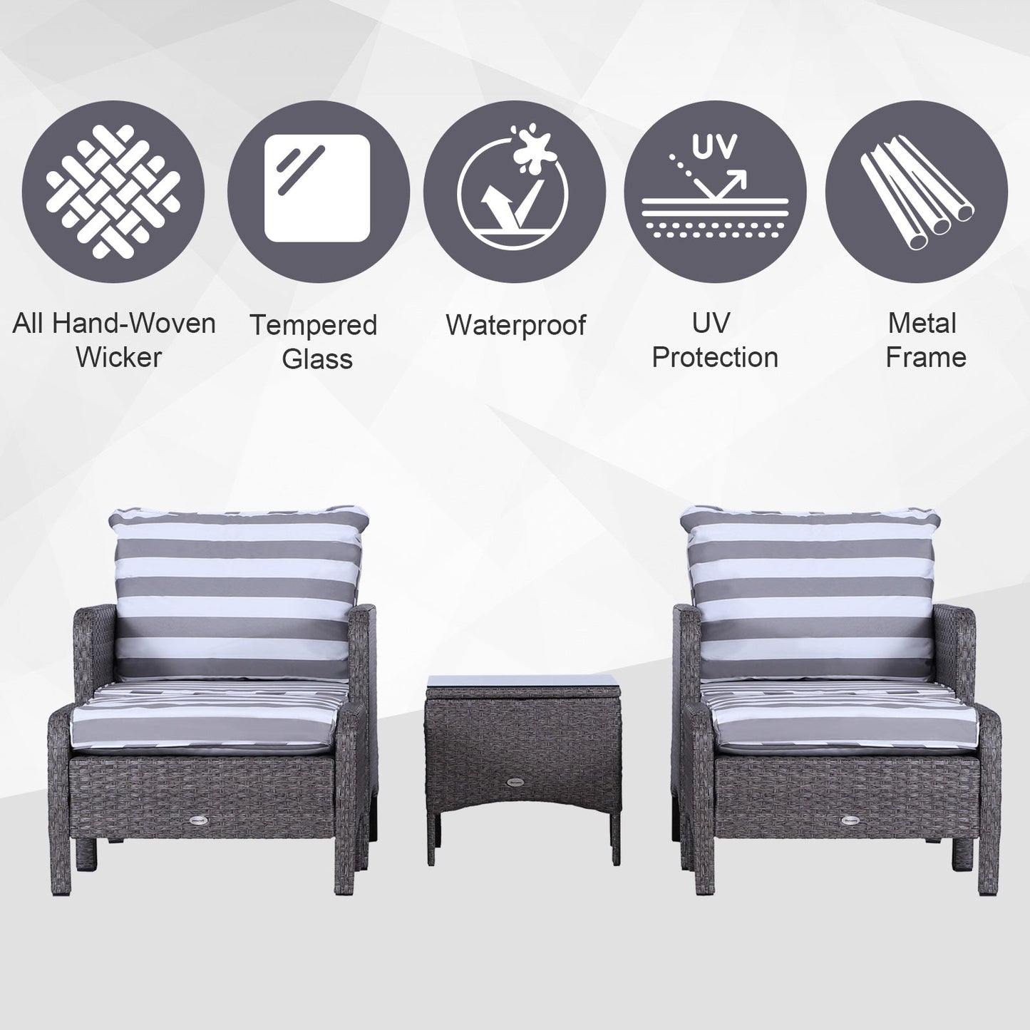 Outsunny 5 Pieces PE Rattan Garden Furniture Set with 10cm Thick Padded Cushions, Wicker Weave Outdoor Seating Chairs with 2 Armchairs, 2 Stools, Glass Top Table, Dark Grey