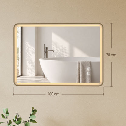 HOMCOM Bathroom Mirror with LED Lights, 100x70cm Rectangle Bathroom Mirror, Dimmable, Bluetooth, Anti-Fog, Gold Tone