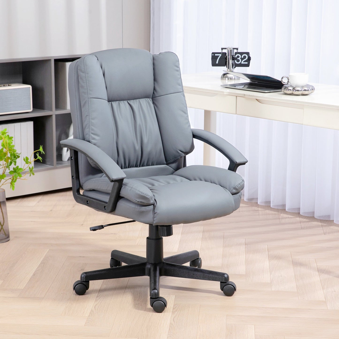 Vinsetto Office Faux Leather Computer Desk Chair Mid Back Executive With Adjustable Height and Swivel Rolling Wheels for Home Study, Light Grey