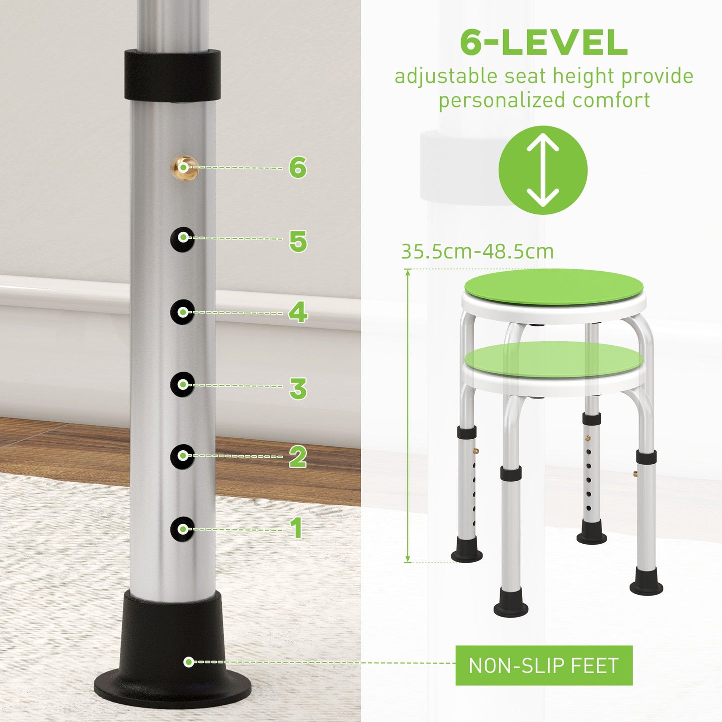 HOMCOM 360  Swivel Shower Chair, Height Adjustable Aluminium Shower Stool with Non-Slip Feet for Disabled, Elderly, Green