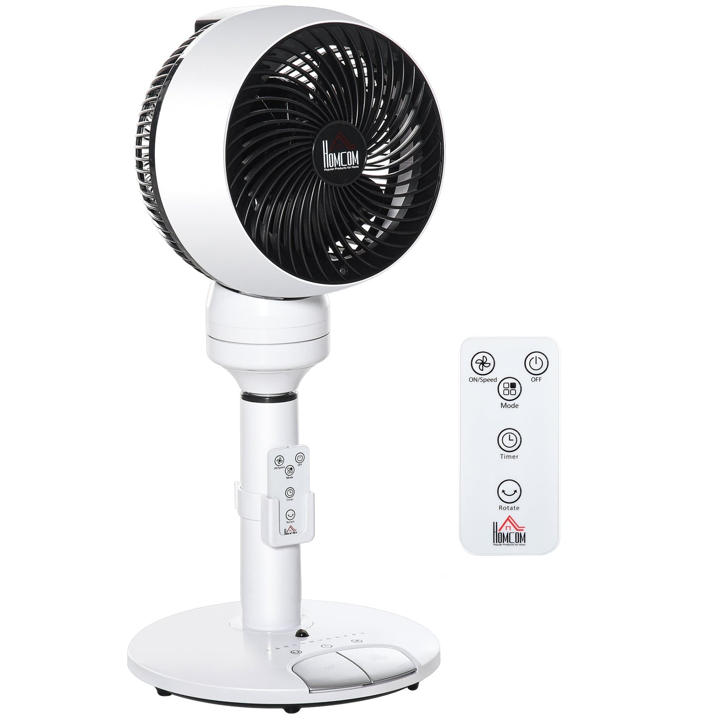 HOMCOM 9'' Air Circulator Fan 3 Speed 3 Mode, 70 degrees Oscillation 90 degrees Vertical Tilt, Height Adjustable, Remote Controller, for Living Room, Bedroom, Office, Black and White