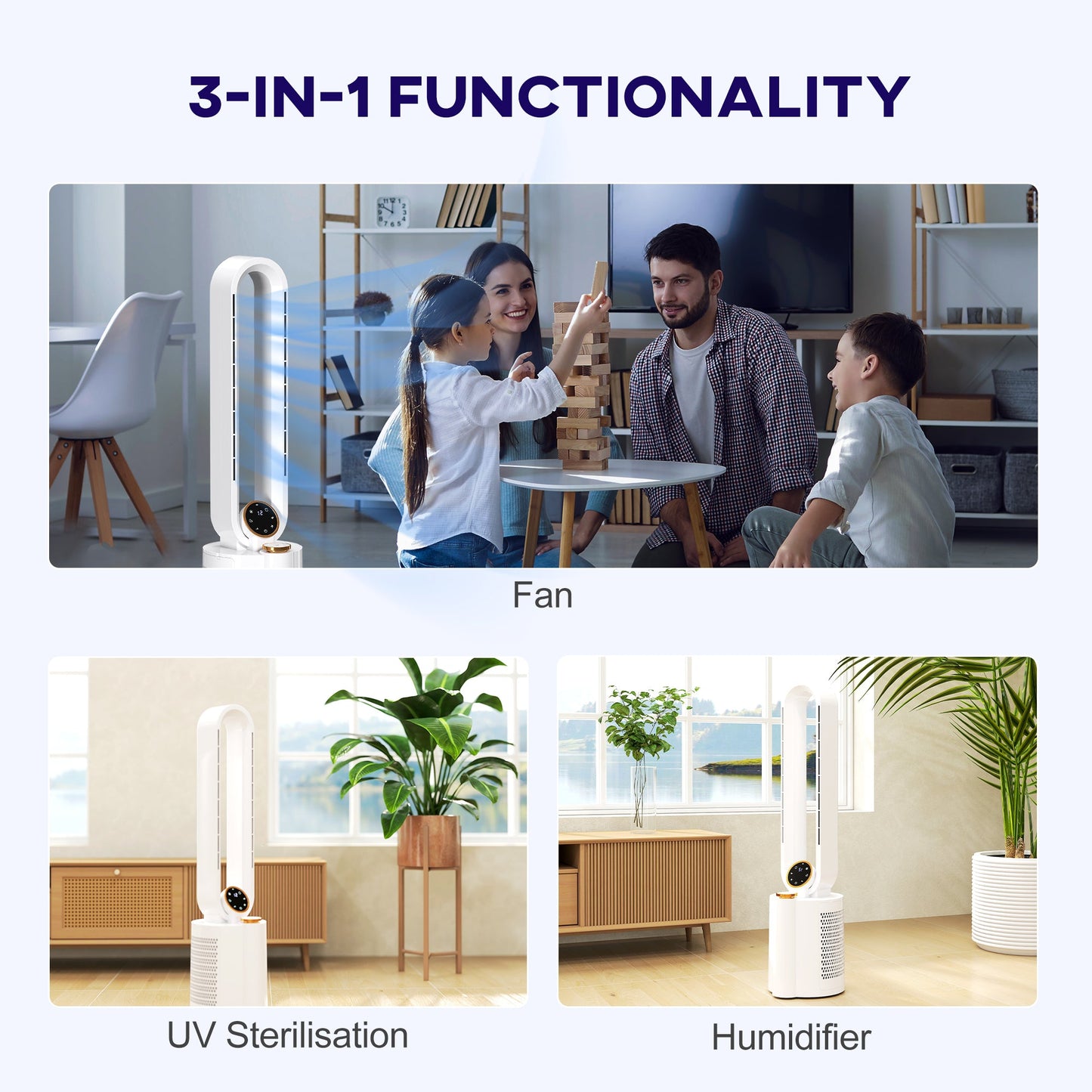 HOMCOM Multi-Mode Bladeless Tower Fan and Humidifier - White