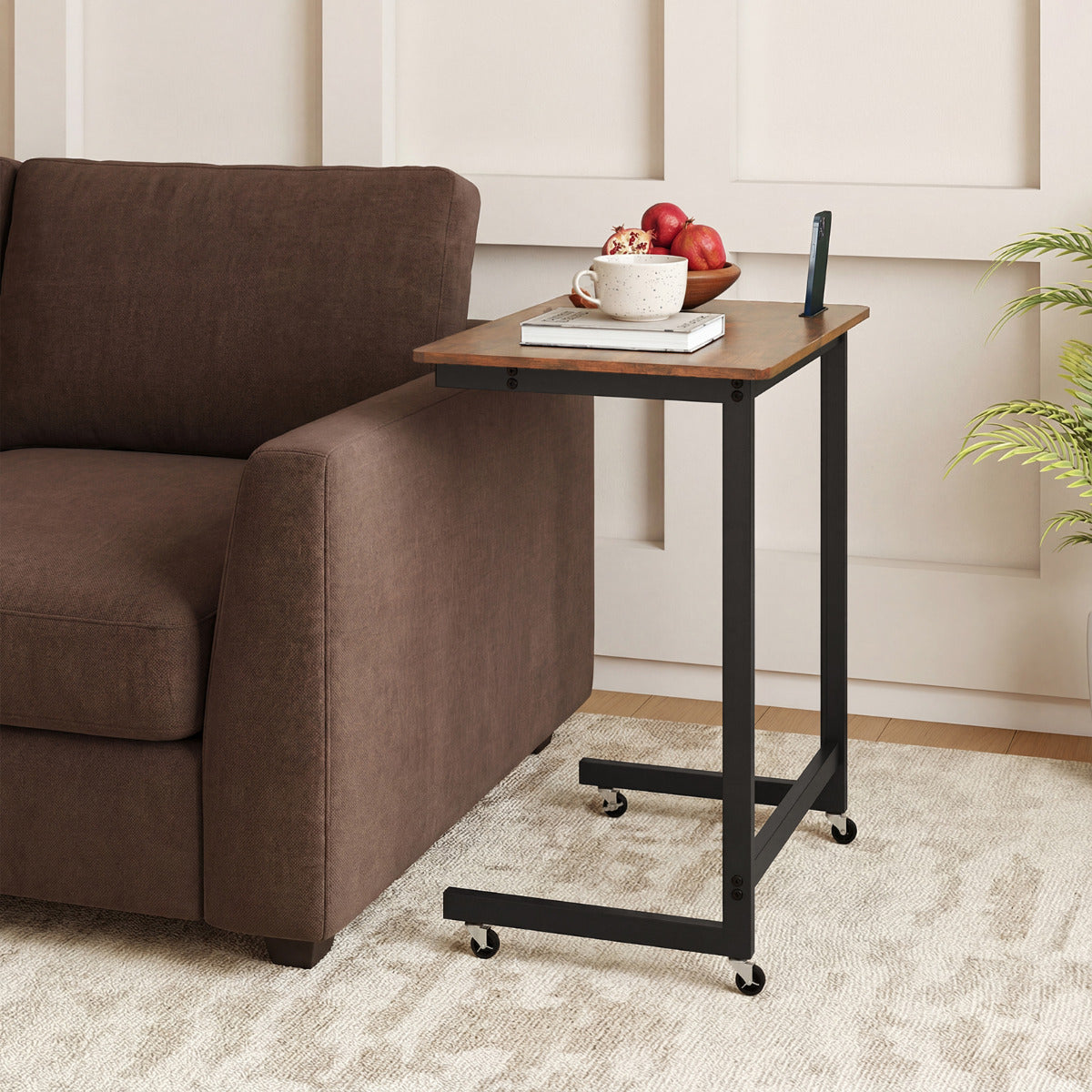 C-shaped End Table with Wheels Mobile Bedside Table with Built-in Phone Slot-Rustic Brown