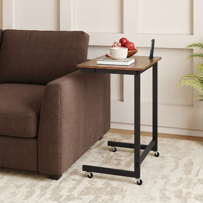 C-shaped End Table with Wheels Mobile Bedside Table with Built-in Phone Slot-Rustic Brown