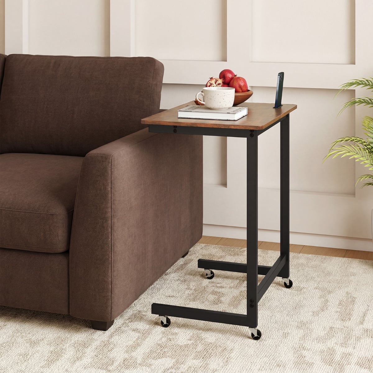 C-shaped End Table with Wheels Mobile Bedside Table with Built-in Phone Slot-Rustic Brown