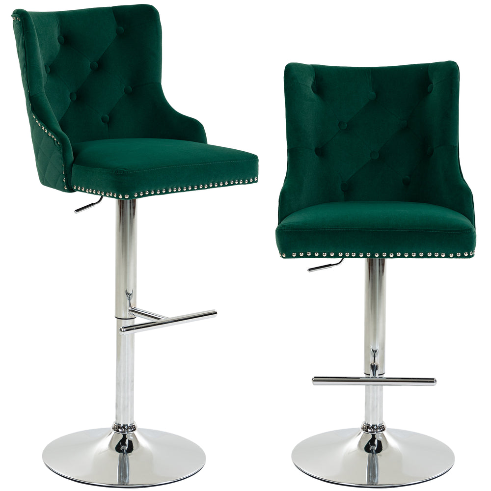 HOMCOM Bar Stools Set of 2, Modern Swivel & Adjustable Velvet Barstools with Button-Tufted Back, Footrest for Home Bar, Green