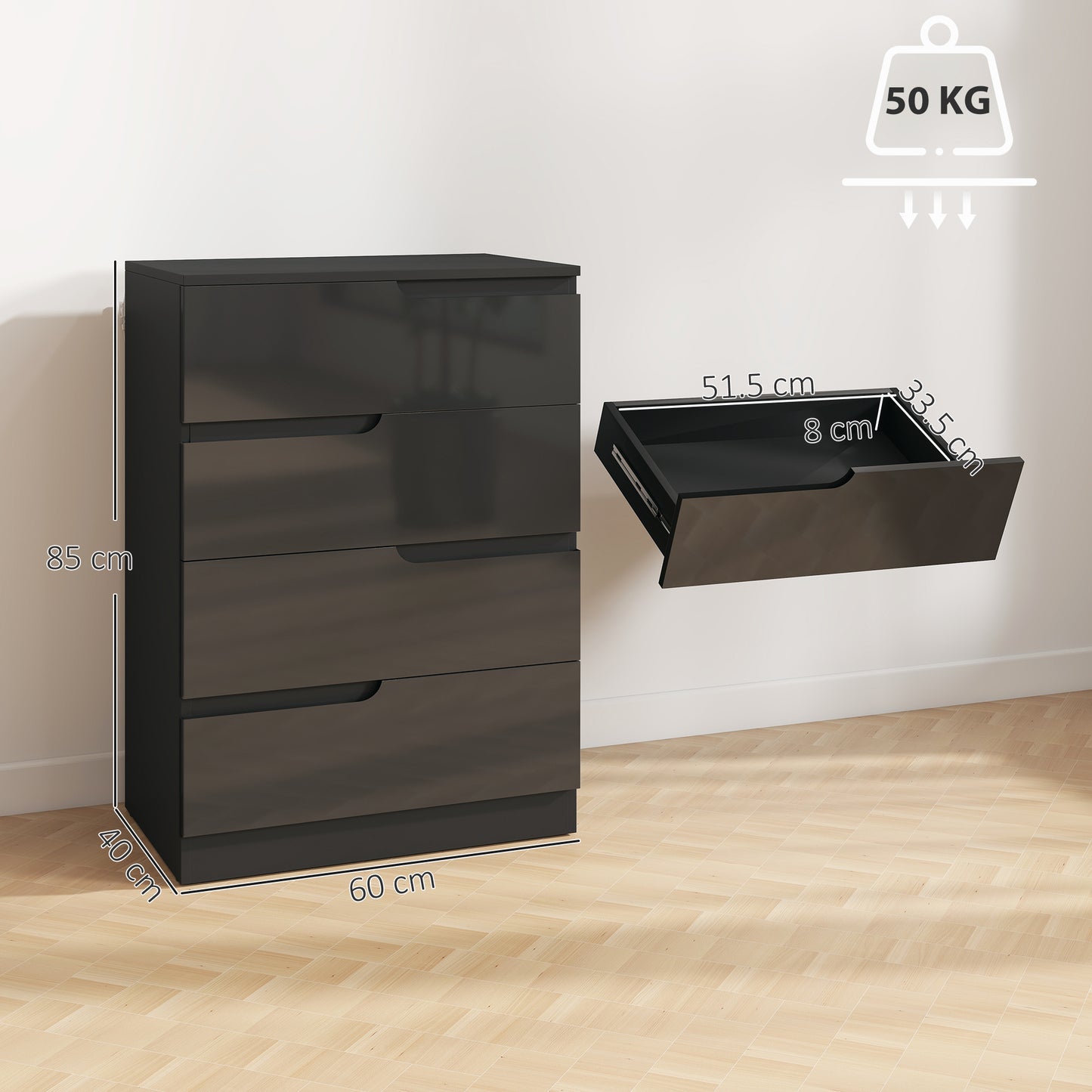 HOMCOM Chest of Four High Gloss Front Drawers - Black