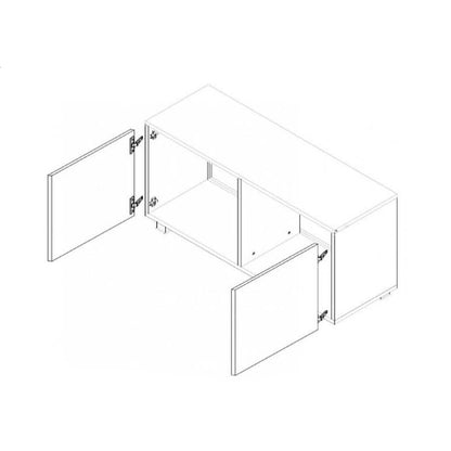Line drawing of a modern kitchen cabinet with open doors on a white background