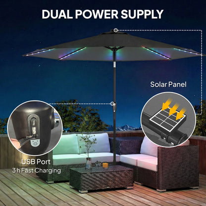 Outsunny 3 m Garden Parasol Umbrella with 112 Solar Powered LED Lights, Patio Umbrella with Crank Handle, Grey