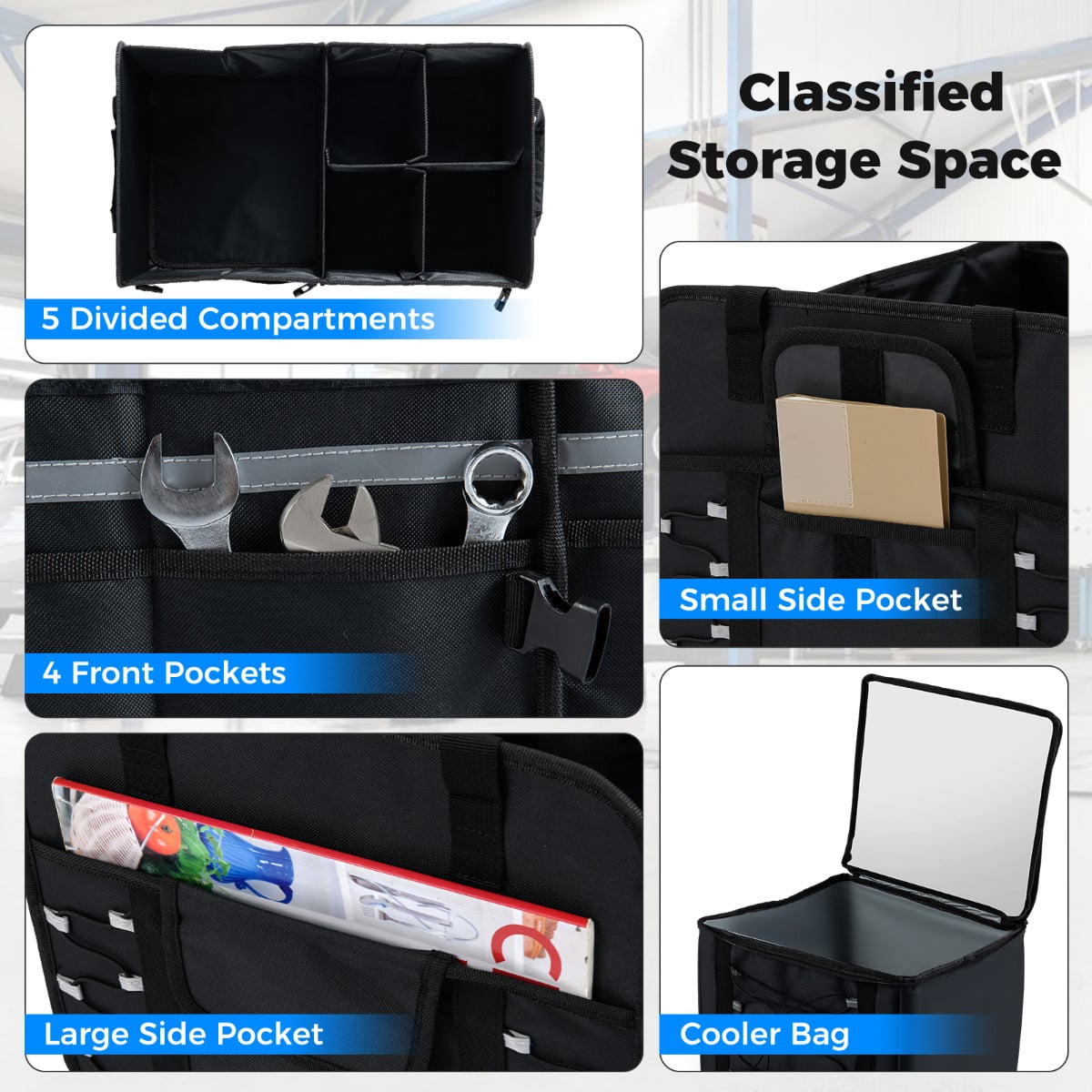 Car Trunk Organizer with Leakproof Cooler Bag and Adjustable Securing Straps-Black