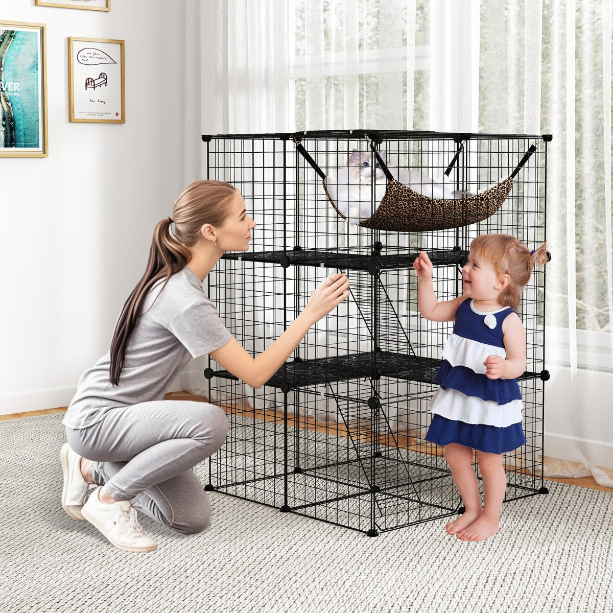 3-Tier Cat Enclosure Large Cat Cage with Comfy Hammock-Black