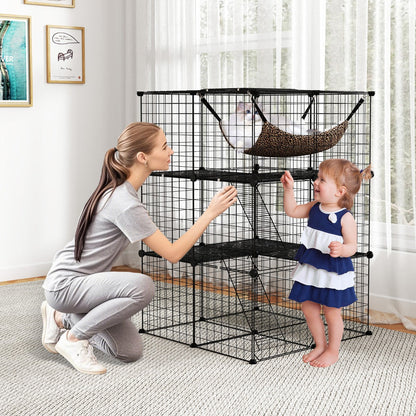 3-Tier Cat Enclosure Large Cat Cage with Comfy Hammock-Black