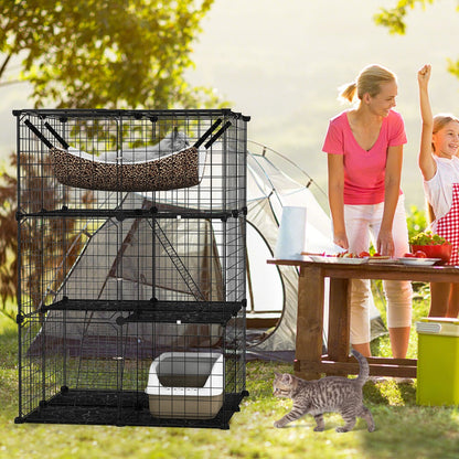 3-Tier Cat Enclosure Large Cat Cage with Comfy Hammock-Black