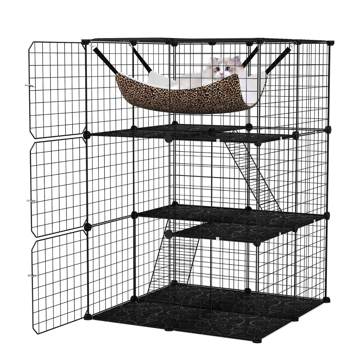 3-Tier Cat Enclosure Large Cat Cage with Comfy Hammock-Black
