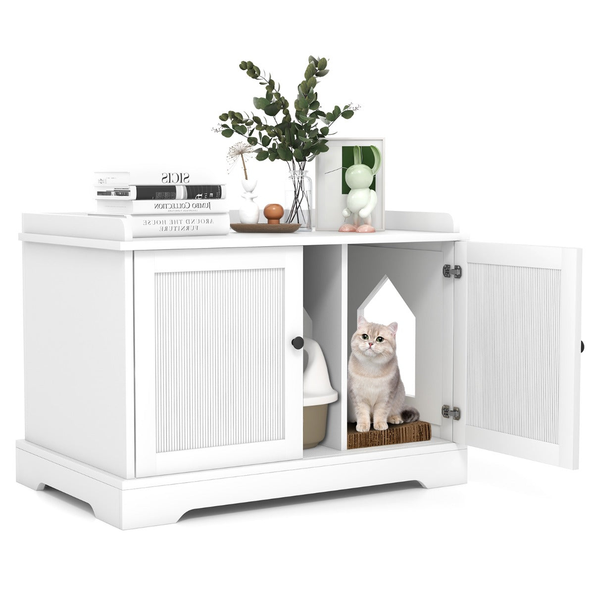 Wooden Cat House with Scratching Pad and Adjustable Divider-White
