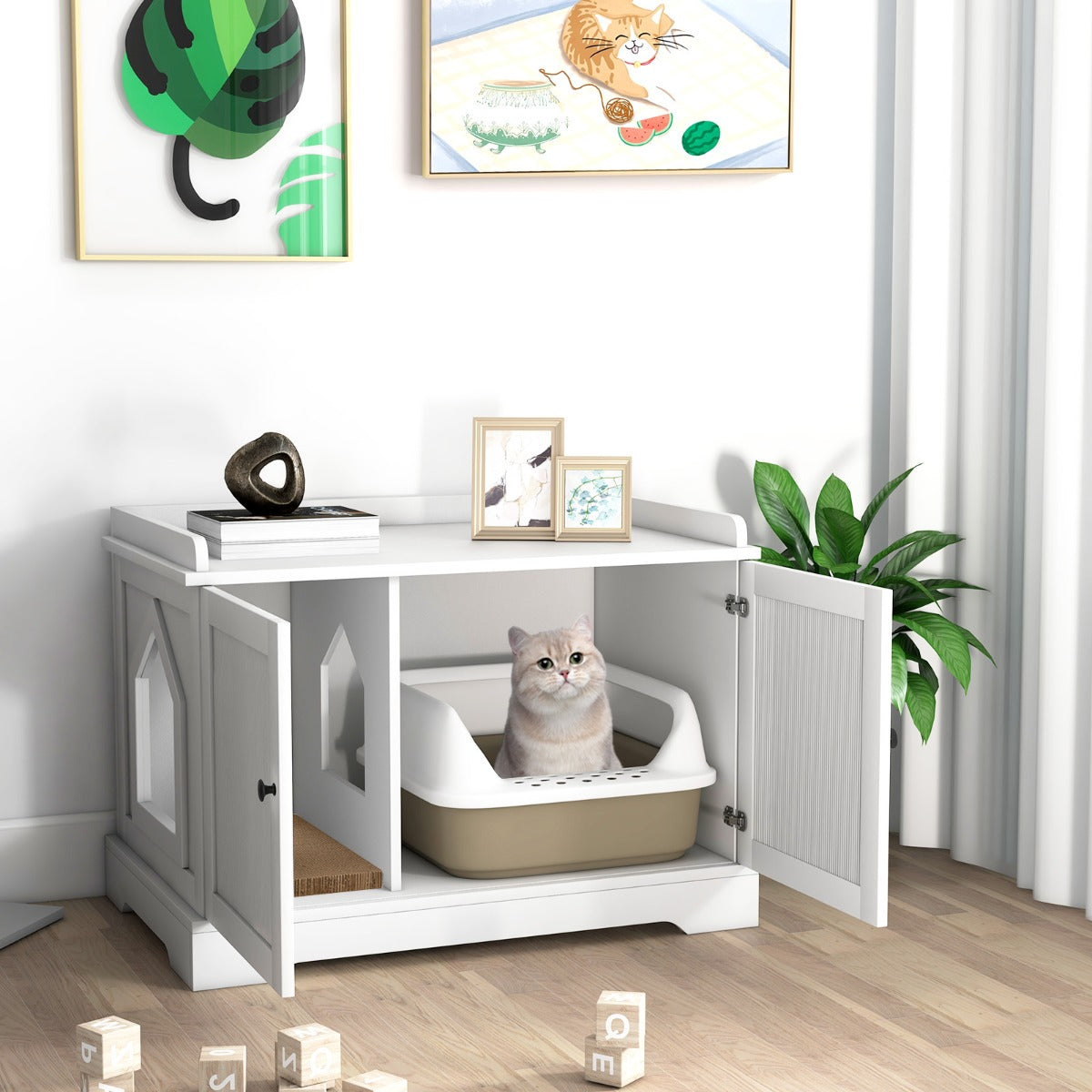 Wooden Cat House with Scratching Pad and Adjustable Divider-White
