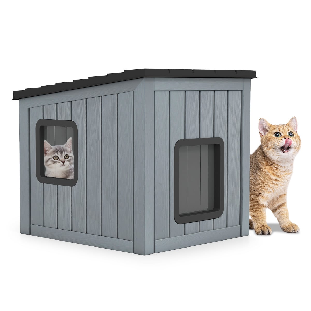 Cat House Pet Kennel with 2 PVC Doors and Sloped Roof-Grey