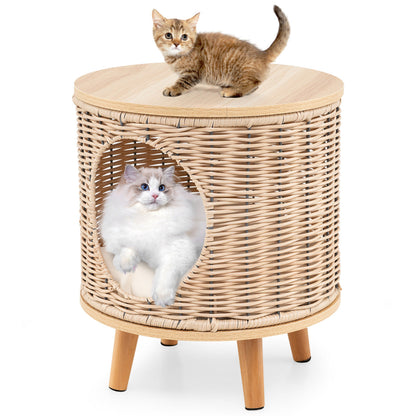 Cat House with Breathable Rattan Frame and Rubber Wood Legs-Beige