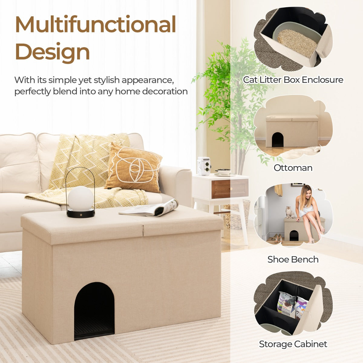 Cat Litter Box Enclosure Hidden Furniture with Urine Proof Litter Mat-Beige