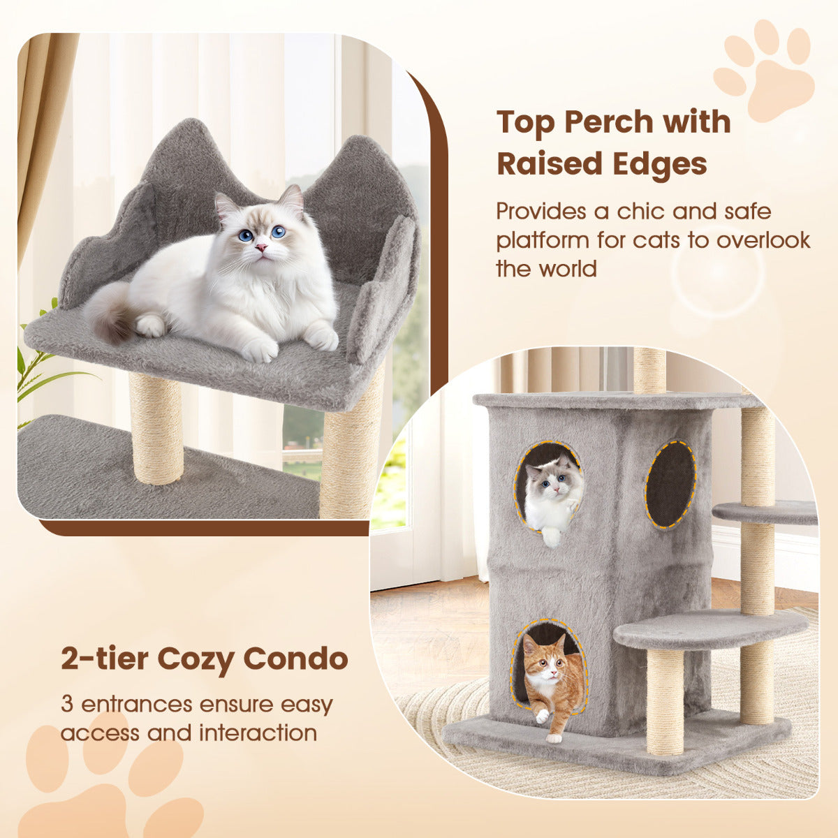 123CM Cat Tree for Indoor Cats  with 2-story Condo-Grey
