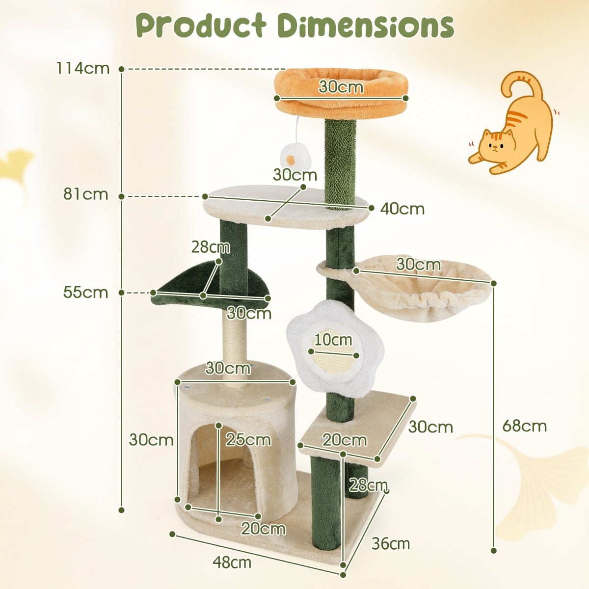 114CM Tall Cute Flower Multi-level Cat Tree with Sisal Post and Pad-Multicolor