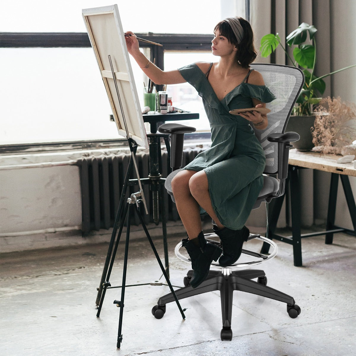 Mid-Back Drafting Chair with Adjustable Foot Ring for Office & Home-Grey