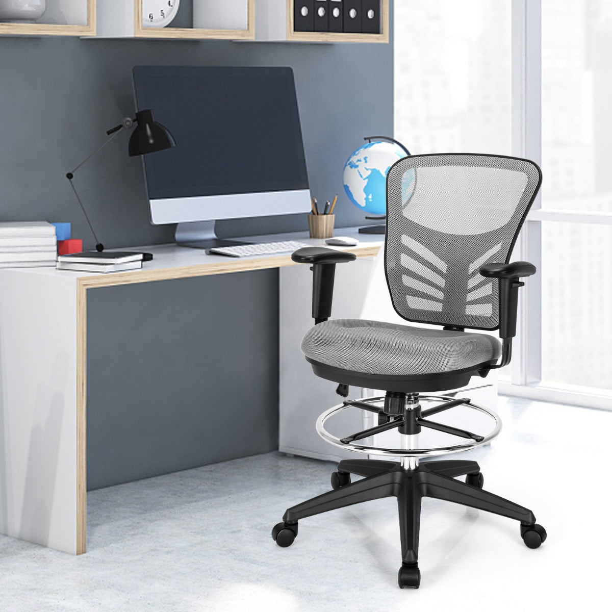 Mid-Back Drafting Chair with Adjustable Foot Ring for Office & Home-Grey