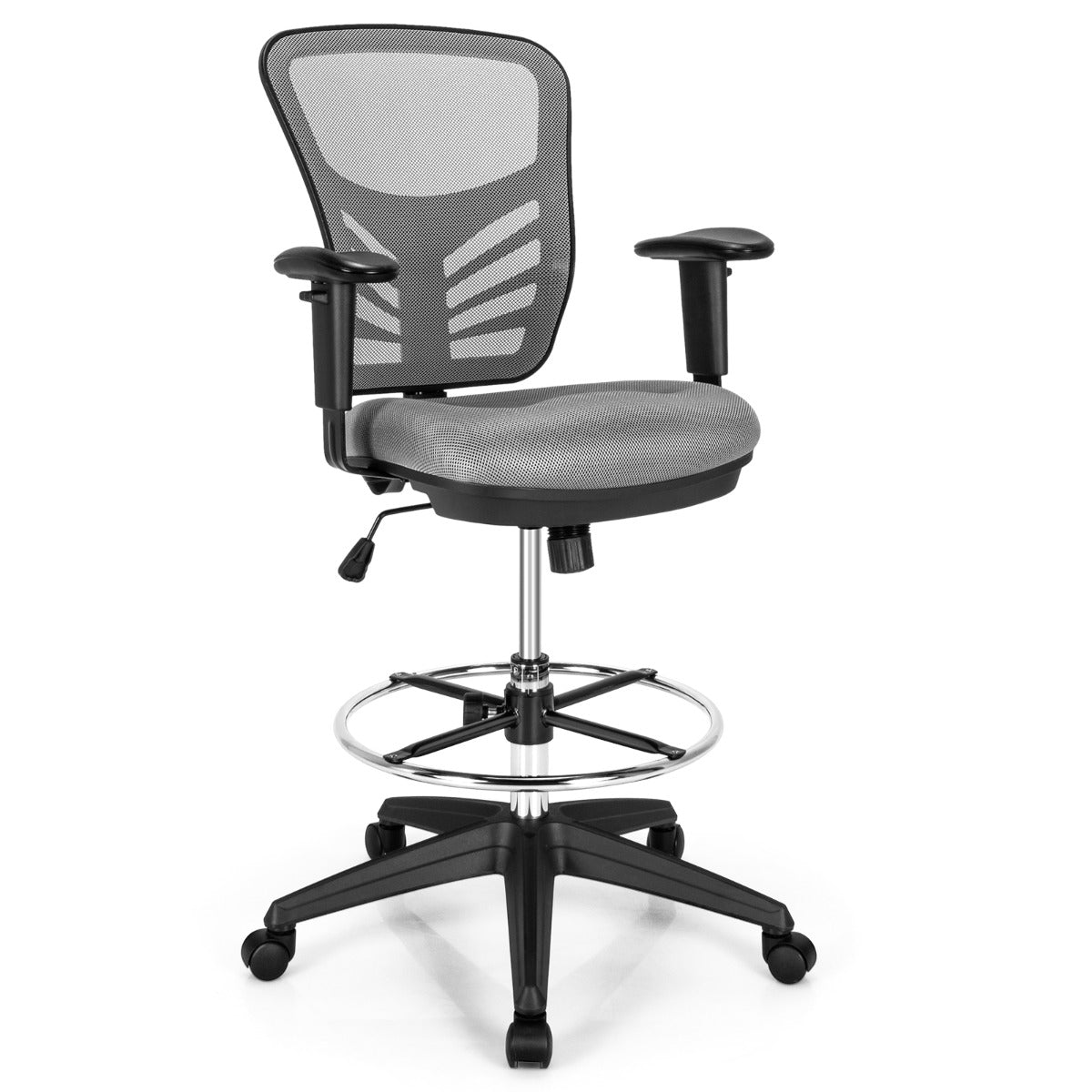 Mid-Back Drafting Chair with Adjustable Foot Ring for Office & Home-Grey