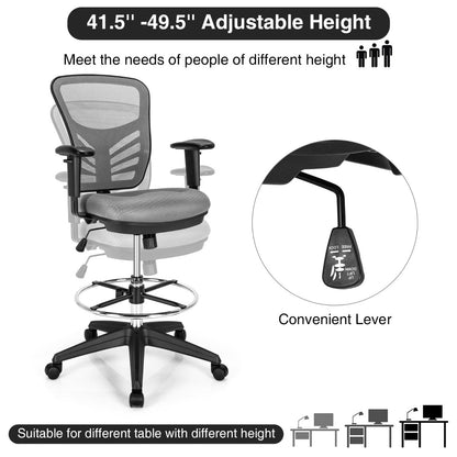 Mid-Back Drafting Chair with Adjustable Foot Ring for Office & Home-Grey