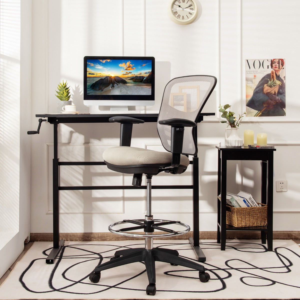 Mid-Back Drafting Chair with Adjustable Foot Ring for Office & Home-Grey
