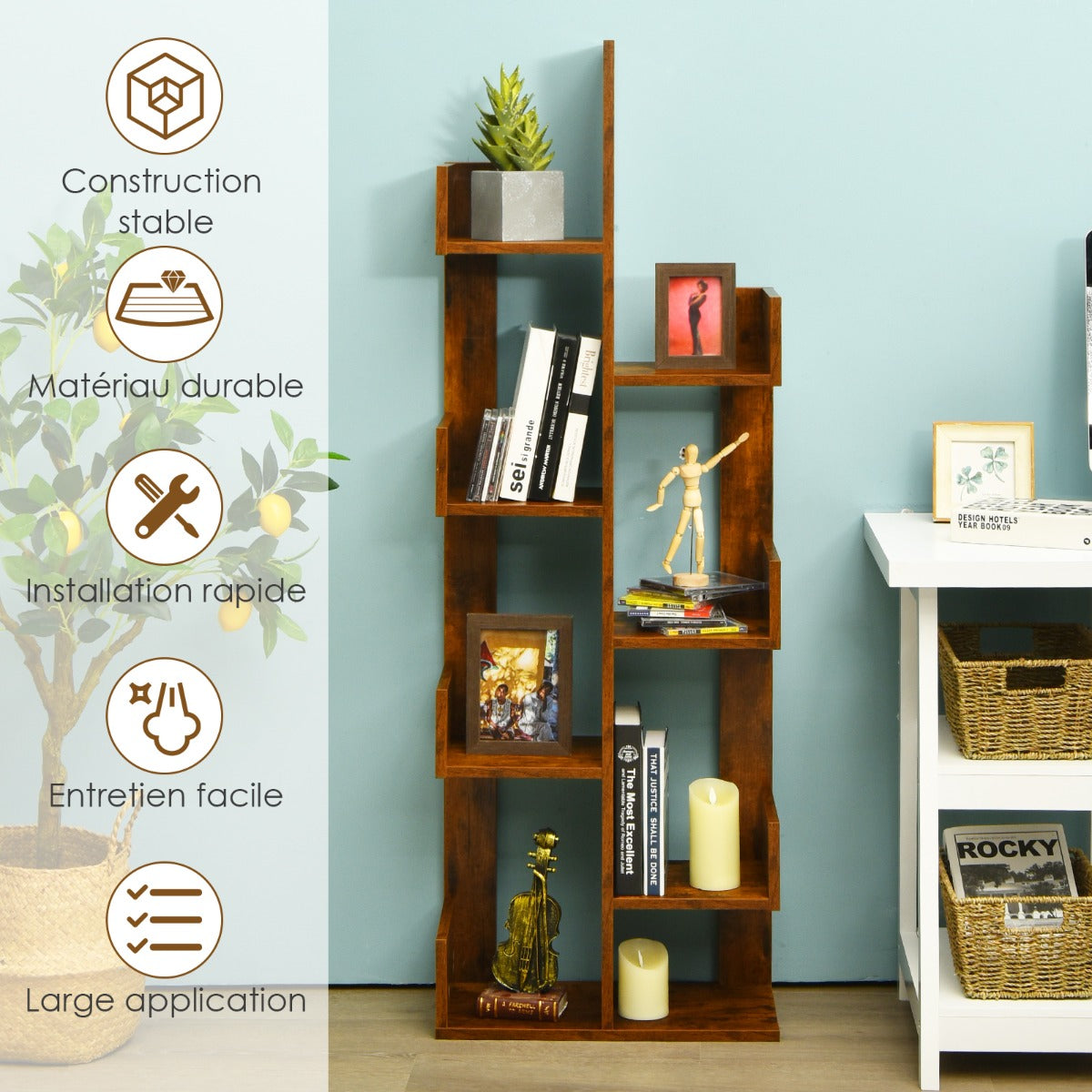 8-Tier Tree-Shaped Bookshelf Storage Shelf Bookcase with Anti-Tip Device Brown