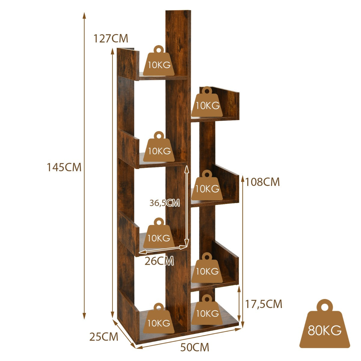 8-Tier Tree-Shaped Bookshelf Storage Shelf Bookcase with Anti-Tip Device Brown