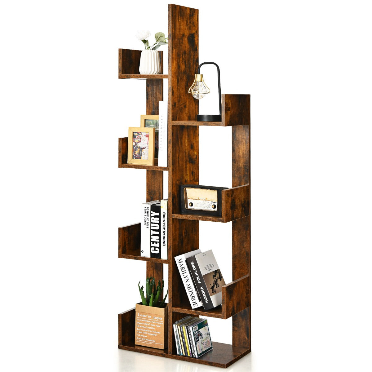8-Tier Tree-Shaped Bookshelf Storage Shelf Bookcase with Anti-Tip Device Brown