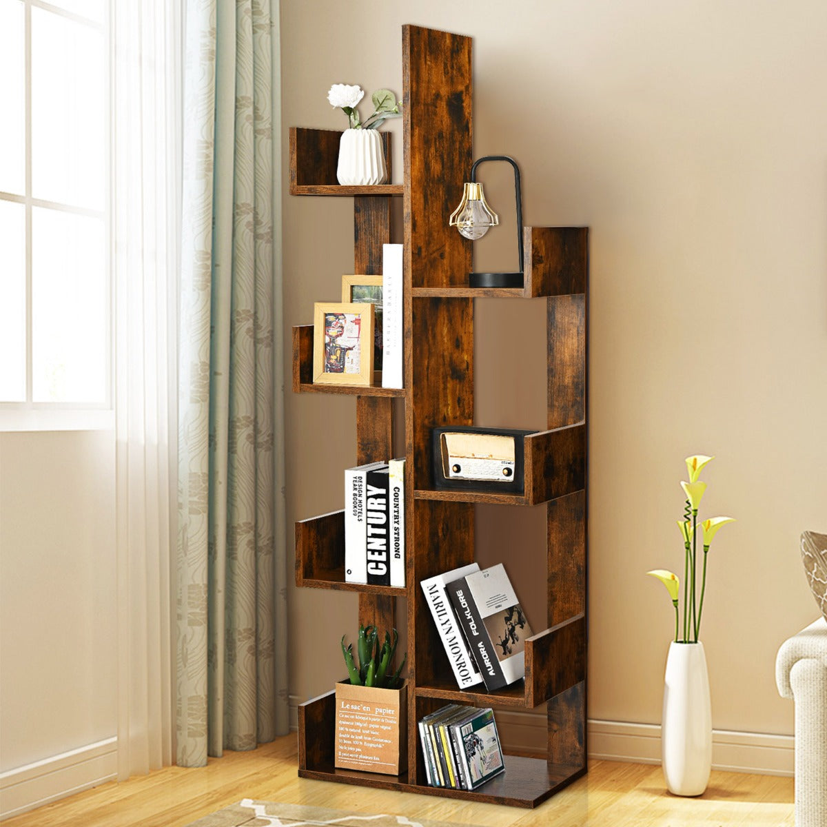 8-Tier Tree-Shaped Bookshelf Storage Shelf Bookcase with Anti-Tip Device Brown