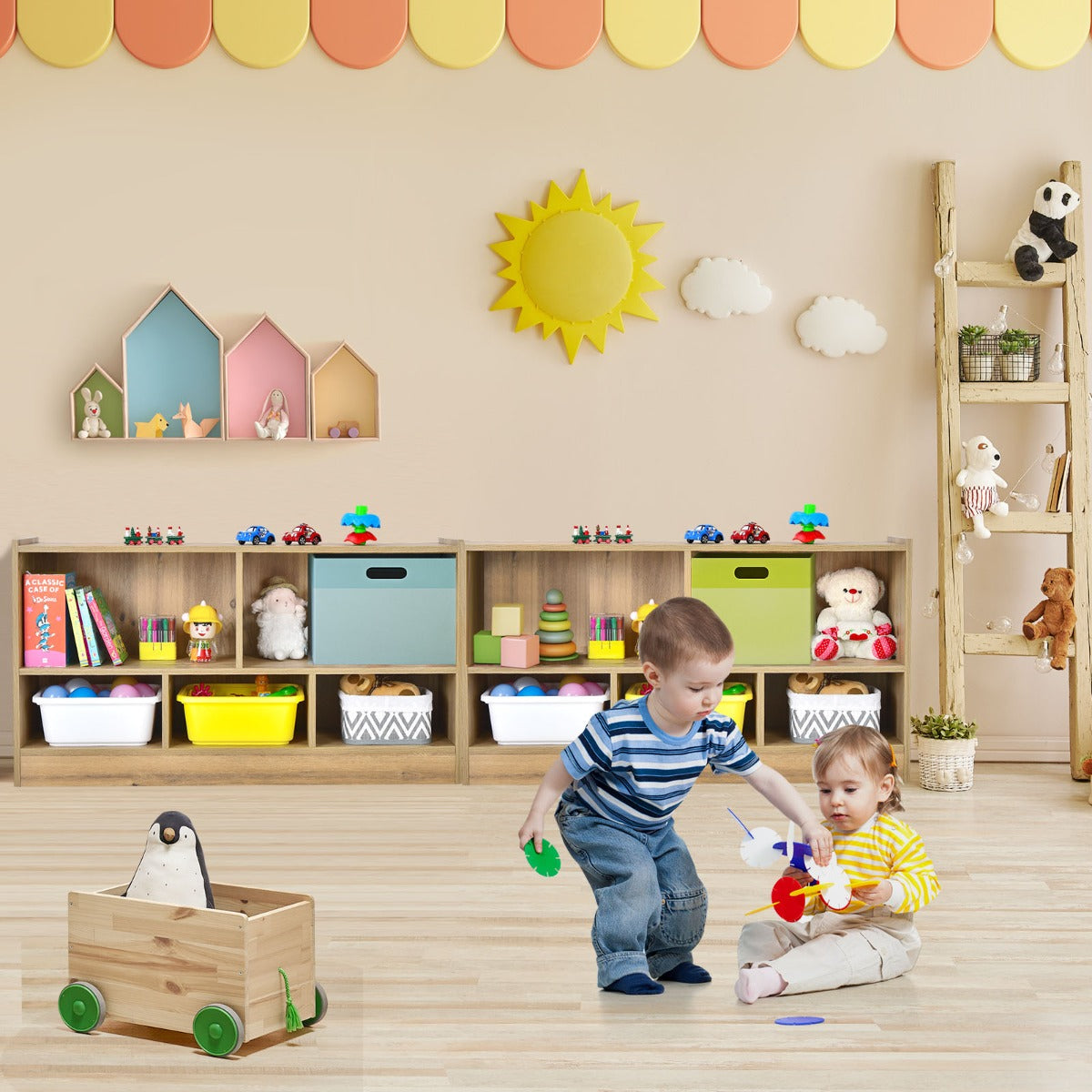 Wooden Storage Bookcase with 2 Tiers and 5 Cubes-Natural