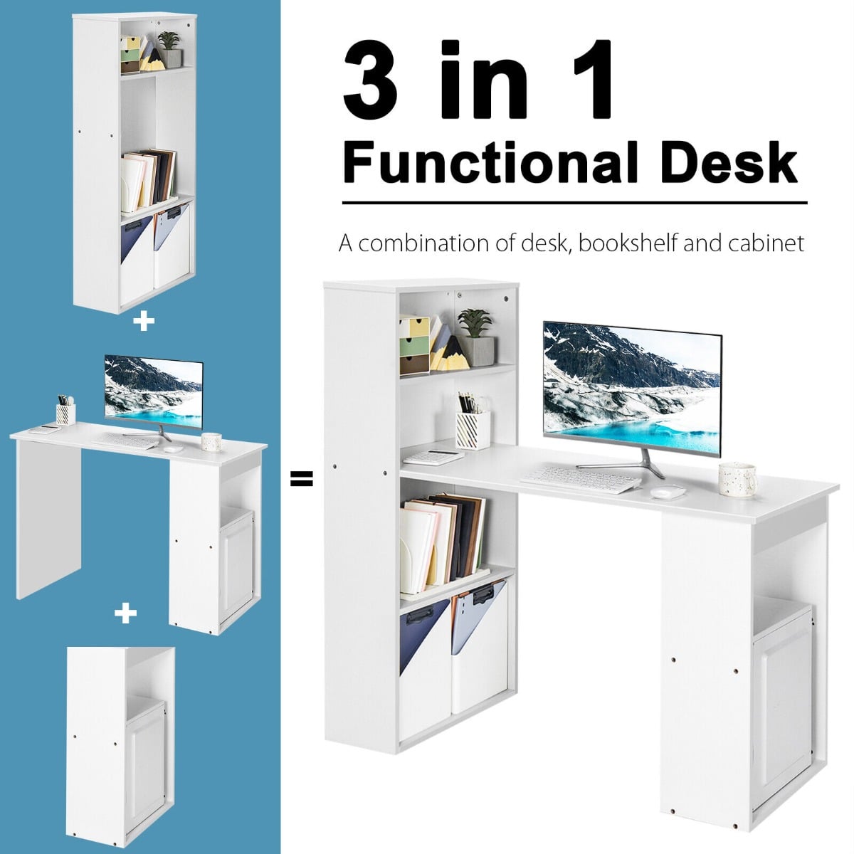 Modern 3-in-1 Wooden Computer Desk with 6-Tier Storage Bookshelves-White