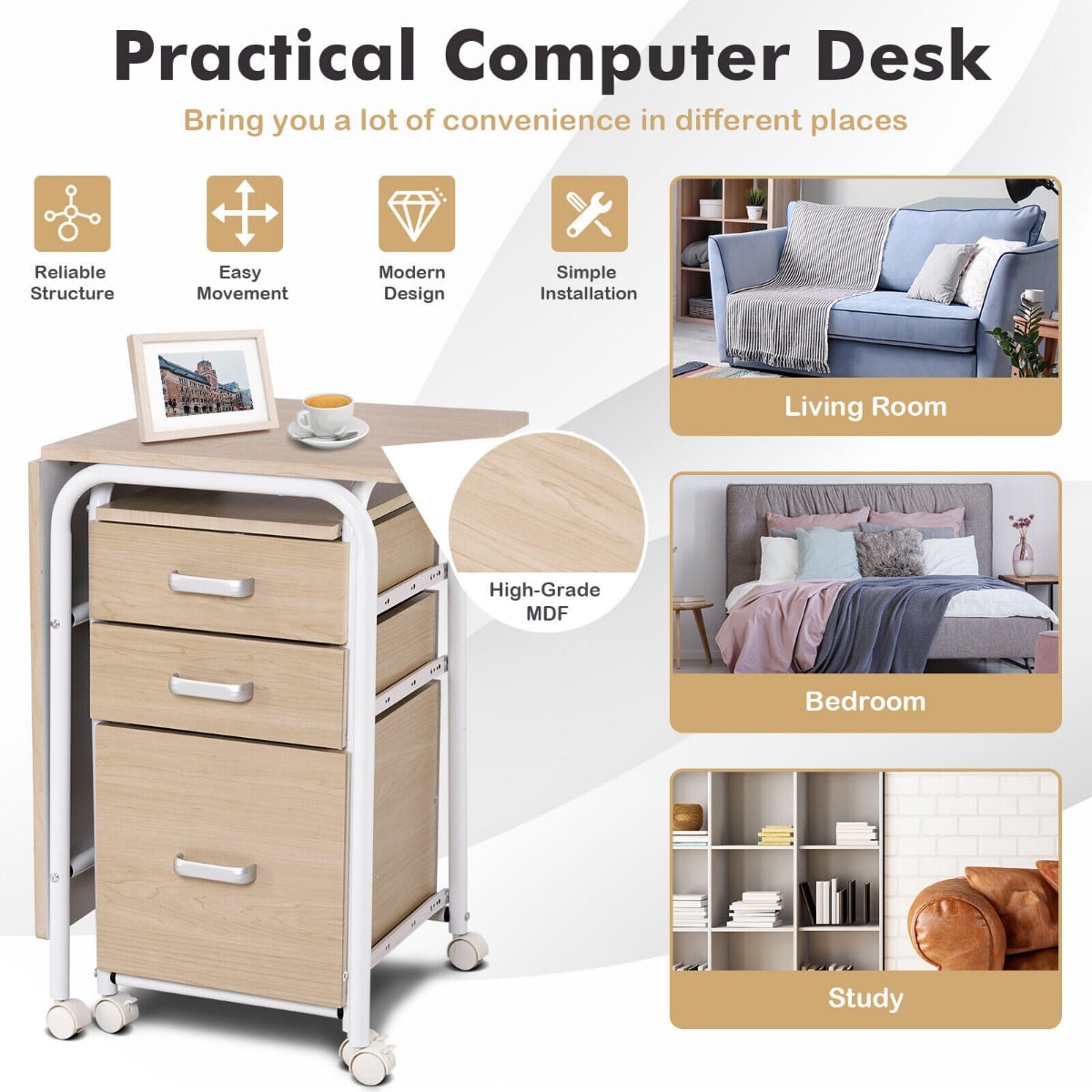 Folding Computer Desk with Rolling Wheels and 3 Drawers for Home Office-Natural
