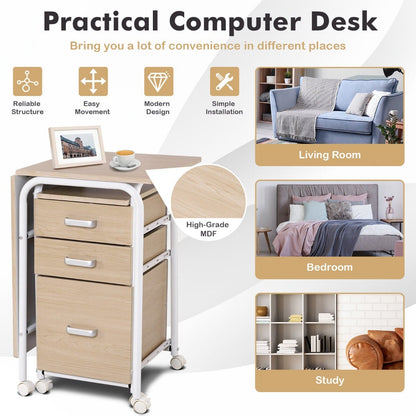 Folding Computer Desk with Rolling Wheels and 3 Drawers for Home Office-Natural