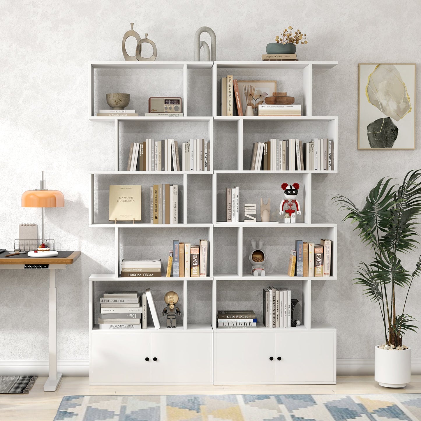 S-Shaped Bookshelf with Storage Cabiet for Living Room White